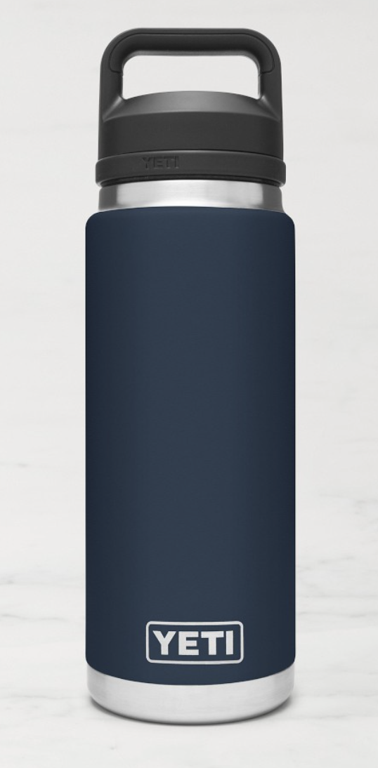 YETI Rambler insulated stainless steel water bottle in navy with black loop-handle Chug Cap and white logo near the base