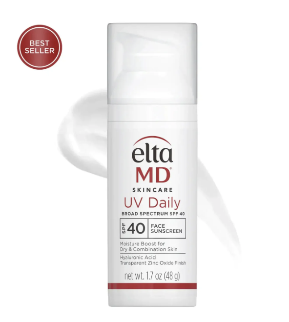 EltaMD UV Daily SPF 40 white pump bottle over a swatch of sunscreen cream with a Best Seller badge